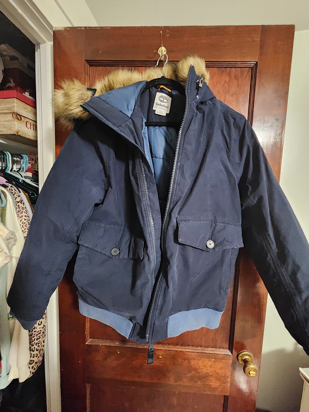 Timberland Scar Ridge Faux Fur Trim Snorkel Bomber Jacket Navy Blue Men's Large